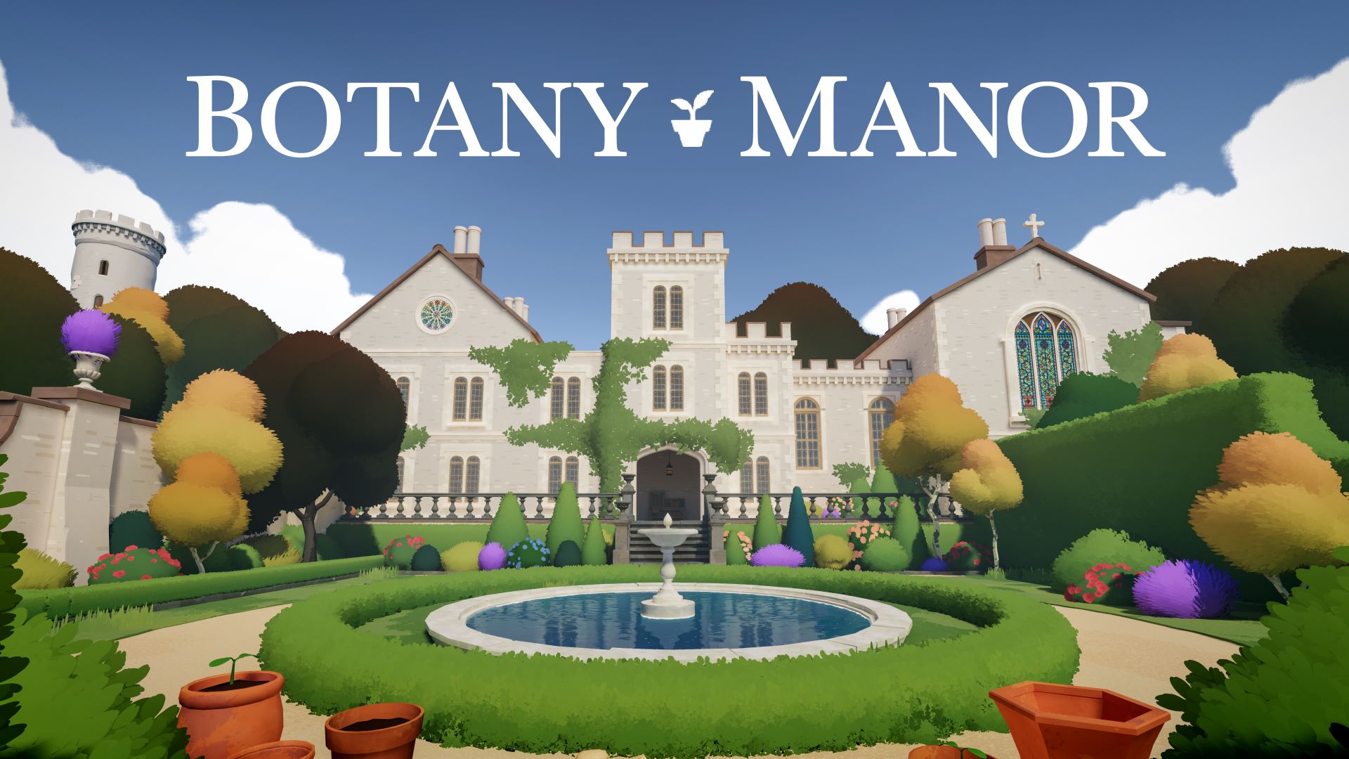 美しい庭園に囲まれたエレガントな白い邸宅、『Botany Manor』。邸宅は複数の窓と目立つ入り口を備えており、美しい景観の中に位置しています。庭には緑の芝生、色とりどりの丸い低木、中央には青い水のある円形の池があります。晴れた青空が明るく、邸宅の優雅さを引き立てています。両側に緑の葉を持つ木々がフレームとなり、邸宅に注目を集めています。