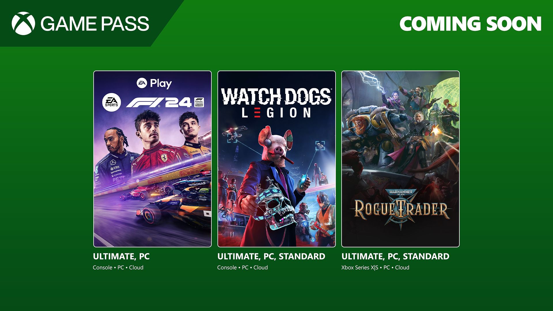 Coming Soon to Game Pass: Watch Dogs: Legion, EA Sports F1 24, and Warhammer 40,000: Rogue Trader