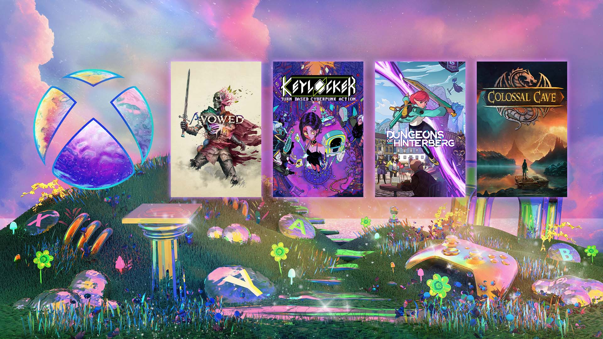 A compilation image featuring the box art for Avowed, Colossal Cave, KeyLocker, and Dungeons of Hinterberg 