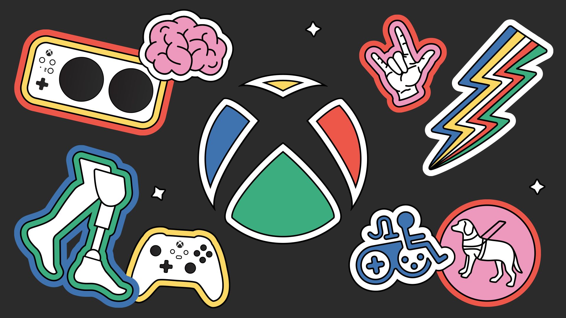 A esfera do Xbox fica em um fundo preto cercado pelos seguintes ícones: o Xbox Controle Adaptável, um cérebro, o sinal da Língua de Sinais Americana para "eu te amo", um raio, uma cadeira de rodas, um cão-guia, pernas protéticas, e o controle original do Xbox.