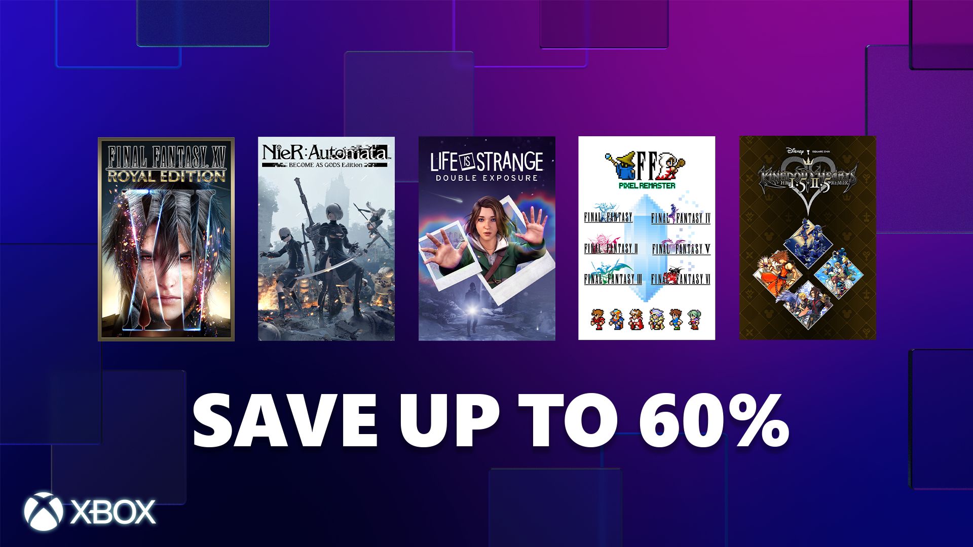 Imagem com as capas dos jogos Final Fantasy 15, Nier Automata, Life is Strange e Final Fantasy