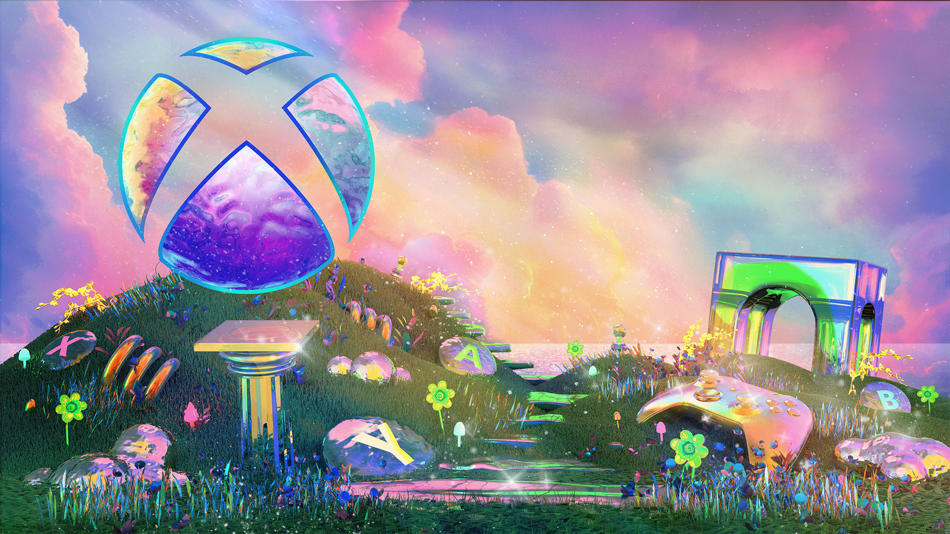 Uma paisagem pastel com colinas gramadas e o sol refletindo em nuvens roxas e rosas. Uma esfera do Xbox está no canto superior esquerdo, refletindo a cor do céu. Plantas iridescentes, colunas, botões do Xbox e um controle do Xbox estão espalhados pela grama.