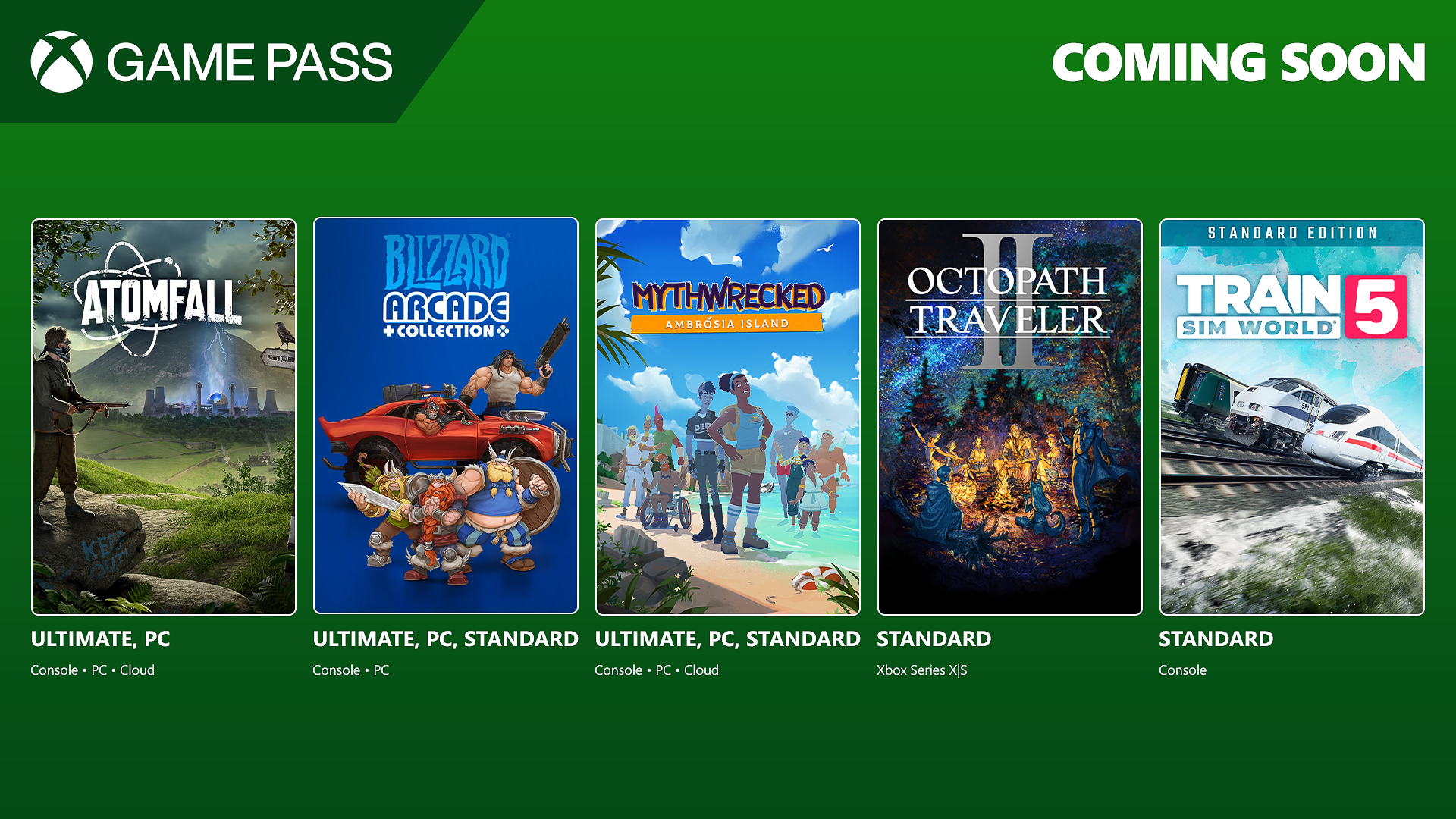 Imagem com as capas dos jogos Atomfall, Blizzard Arcade Collection, Octopath Travaler II e mais